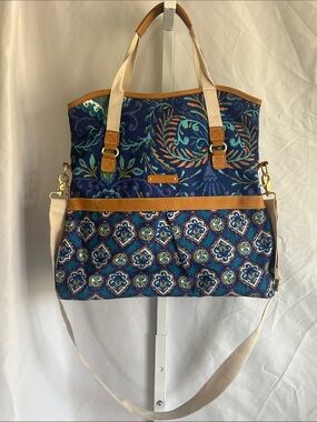 Dena Patterned Canvas Tote in Navy Blue with Tan Trim Shoulder Strap
